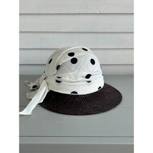 Neiman Marcus Women's White Black Polka Dot Woven Straw Cap Hat with Scarf Bow
